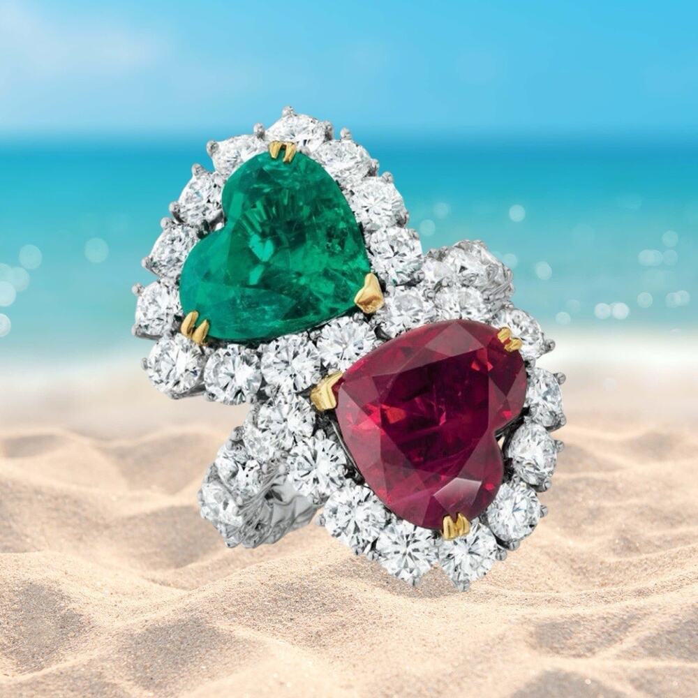 Mother and daughter double hearts ruby and emerald ring meaningful gift for her